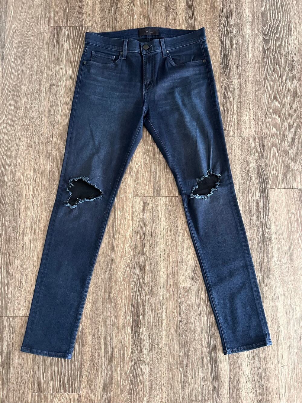 J Brand Mick Distressed Skinny Jeans Men’s 33 Dark Wash Ripped Knee Navy Blue